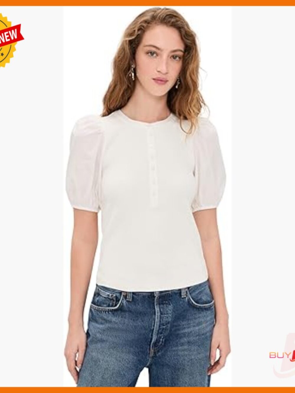 Ribbed Henley Top With Puff Sleeves, Button Front, Regular Fit